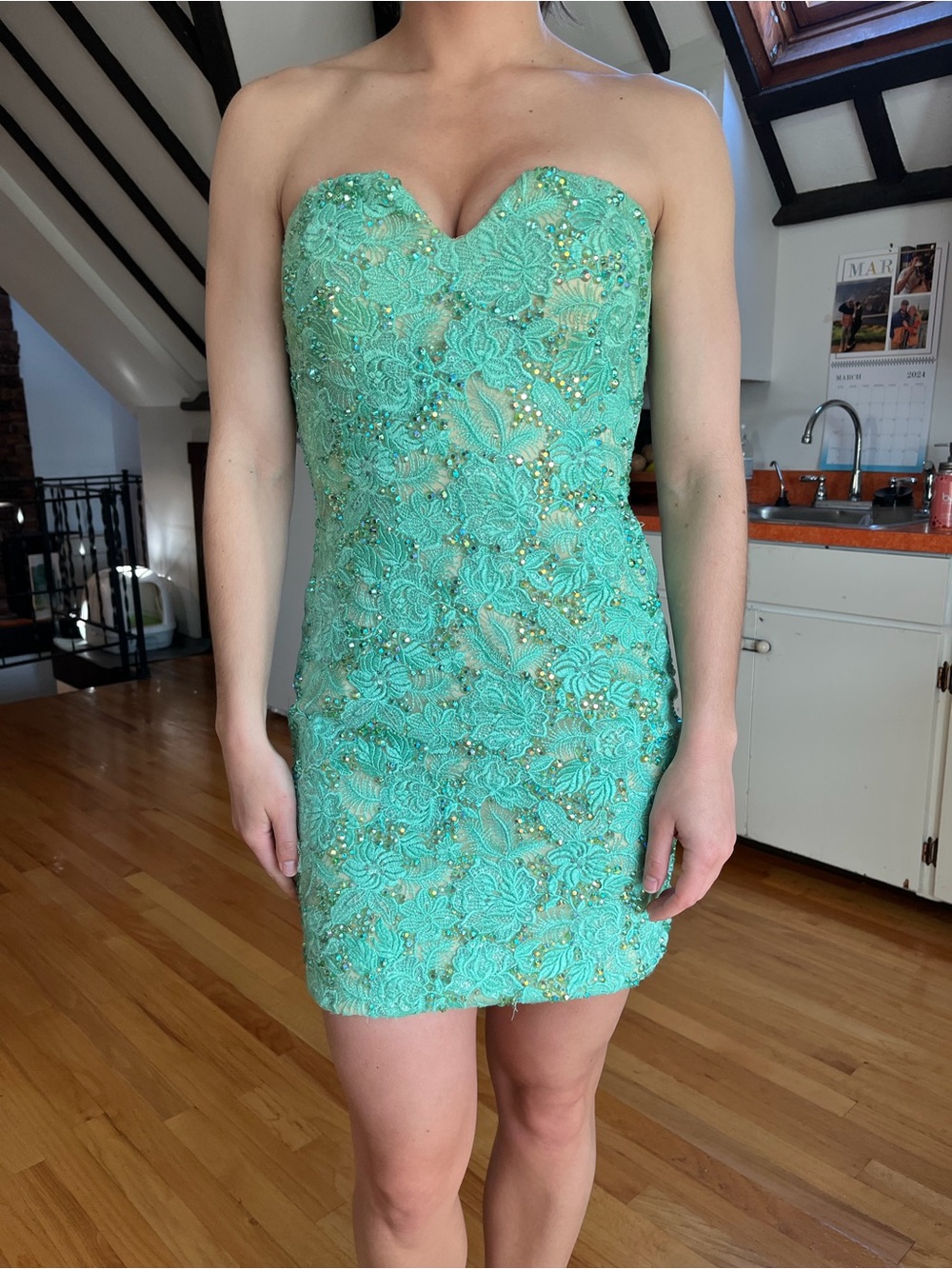 Strapless Mint Lace-Beaded Dress